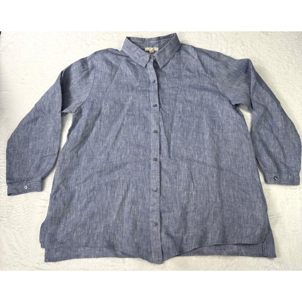 Elieen Fisher Organic Linen Shirt Womens Medium Blue Chambray Puckered Tunic